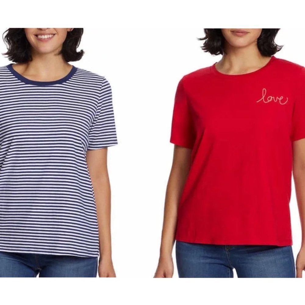 NWoT Ella Moss Women 2 Pack Short Sleeve Love Blue/White Tshirt Size L $40 9A156